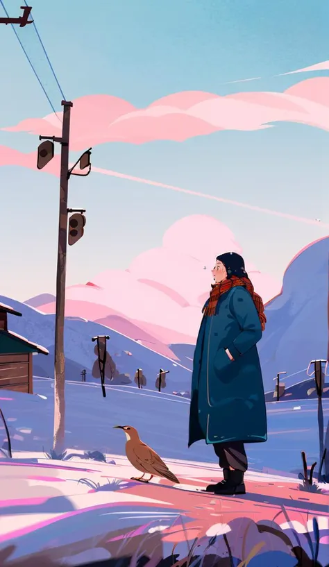 1 girl , outdoors, sky, cloud, solo, bird, holding, snow, scenery, power lines, utility pole, mountain, blue sky house, mountainous horizon, day,scarf,sunlight, cinematic angle , <lora:Texture illustration_20230709102900:0.9>