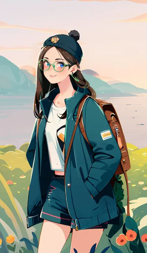 1 girl, solo, earrings, long hair, hat, smile, jewellery, shorts, long sleeves, jacket, brown headdress, denim lens, blush, green jacket, looking at audience, shirt, no nose, backpack, blue eyes, outdoors, distant mountains, <lora:Texture illustration_20230709102900:0.9>