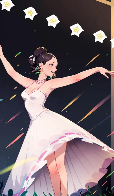 1 girl, solo, dancing, earrings, long hair, jewellery, white Beautiful dress, stage, ballet, <lora:Texture illustration_20230709102900:0.9>