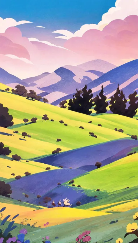 spring,Alps, chalets, sheep, blue sky, white clouds, meadows, trees, many flowers, distant mountains,There is a castle in the distance, tranquillity, shepherd boys, rocks
 <lora:Texture illustration_20230709102900:0.85>
