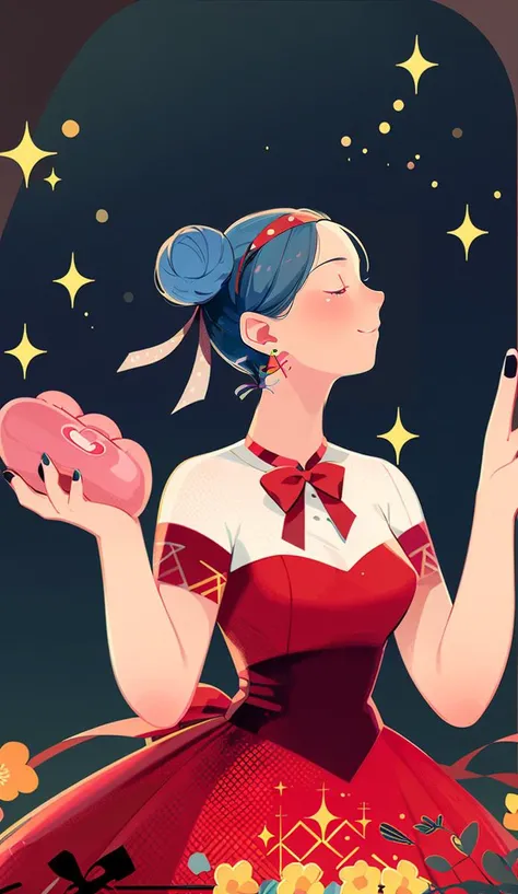 1 girl, solo, eyes closed, earrings, long hair, jewellery, simple background, hands up, top, blue hair, polka dots, red ribbon, silhouette, ribbon, bow, nail polish, glitter, bun, blush, red bow, polka dot bow, hairband, fringes, hair ribbon, indoor, girls room, <lora:Texture illustration_20230709102900:0.9>