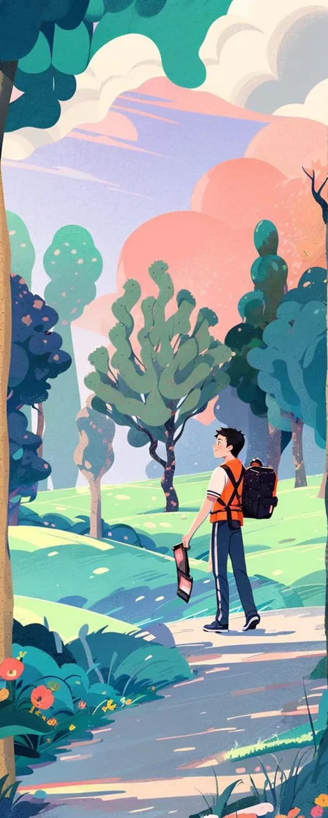 adventure,1boy(full body),Standing with back, traveler, chibi, in lavender forest, illustration.media, masterpiece, best quality, Vision<lora:Texture illustration_20230709102900:0.85>