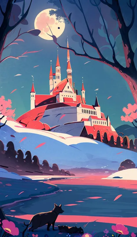 Princess, forest, night, fairy tale, outdoors, trees, moon, flowers, shadows, castle in the distance, distant mountains<lora:Texture illustration_20230709102900:0.81>