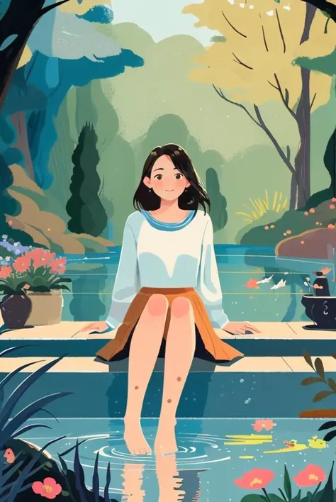 (masterpiece, best quality:1.3), 1girl solo, orange skirt, barefoot, close-up, facing viewer, pool, pond, summer, many flowers, bright light, <lora:Texture illustration_20230709102900:0.9>, <lora:noline:0.5>,