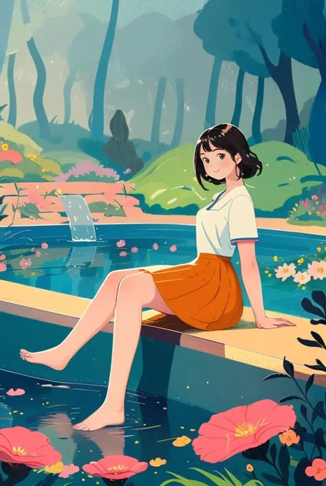(masterpiece, best quality:1.3), 1girl solo, orange skirt, barefoot, close-up, facing viewer, pool, pond, summer, many flowers, bright light, <lora:Texture illustration_20230709102900:0.9>,