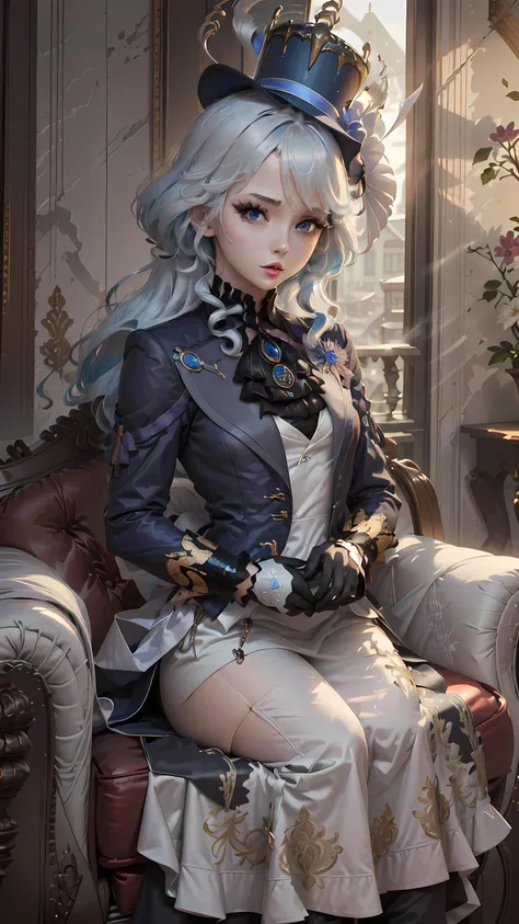 1girl, furina, hat, maid, bow, brooch, long dress, <lora:victorian_maid-1.0:0.8> <lora:Furina-sver:1>
