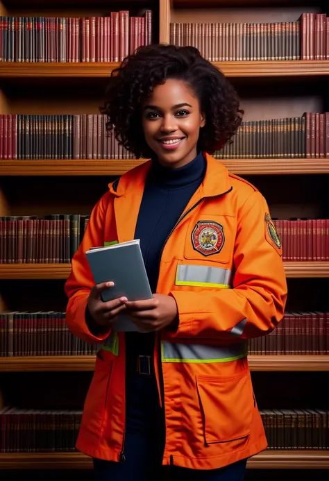 (medium full shot) of (esthetic young woman:1.1) firefighter, south african with tightly coiled hair, dark eyes, dark skin, curvy, wearing Flame-retardant coat with reflective patches, turnout pants with reinforced seat, traditional firefighter helmet, insulated boots, rope and harness, smiling at the viewer, making a heart sign with her hands, set in Library, Choking atmosphere with bookshelves ablaze, reading nooks in disarray, pages floating in the air, flickering chandeliers, and the smell of burning literature ,Masterpiece,best quality, photorealistic, amazing quality, very aesthetic, extremely detailed face,