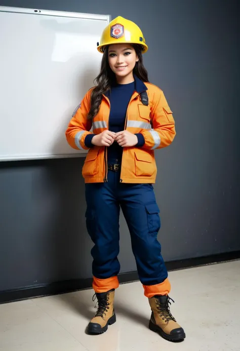 (medium full shot) of (sexy young woman:1.1) firefighter, philippine with long dark hair tied in a bun, brown eyes, tan skin, medium build,             wearing Fire-resistant jacket with reflective bands, cargo pants with built-in kneepads, firefighter helmet with face shield, waterproof boots, medical kit, smiling at the viewer, making a heart sign with her hands,  set in  fire station, Briefing Room, Professional space with a large conference table, ergonomic chairs, wall-mounted display screens, podium, and a whiteboard  ,Masterpiece,best quality, photorealistic, amazing quality, very aesthetic, extremely detailed face,