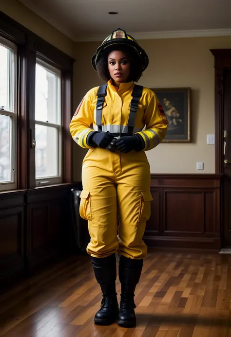 (medium full shot) of (sexy young woman:1.1) firefighter, black american with fringe hair, dark eyes, dark skin, curvy,             wearing Yellow turnout coat with reflective striping, bunker pants with suspenders, traditional firefighter helmet, rubber boots, fire axe, scared at the viewer, she's making a (have to pee) pose,  set in  Dining Room, Elegant space with a mahogany dining table set for six, upholstered dining chairs, a crystal chandelier hanging from the ceiling, a sideboard displaying fine china, and a large window with flowing curtains , at sunset ,Masterpiece,best quality, photorealistic, amazing quality, very aesthetic, extremely detailed face,