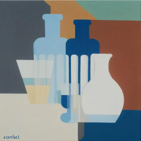 a painting by Amedee Ozenfant of bottle and vase on the table, masterpaintings, amedeeozenfant, brightly colorful, masterpiece, fine art, artwork, best quality, high definition, high resolution, 8K, 4K, <lora:Amde_Ozenfant_1.0:0.8>