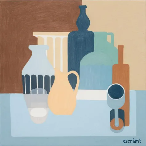 a painting by Amedee Ozenfant of bottle and vase on the table, masterpaintings, amedeeozenfant, brightly colorful, masterpiece, fine art, artwork, best quality, high definition, high resolution, 8K, 4K, <lora:Amde_Ozenfant_1.0:0.8>