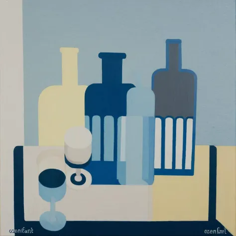 a painting by Amedee Ozenfant of bottle and vase on the table, masterpaintings, amedeeozenfant, brightly colorful, masterpiece, fine art, artwork, best quality, high definition, high resolution, 8K, 4K, <lora:Amde_Ozenfant_1.0:0.8>