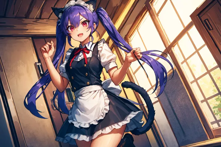 masterpiece, 1girl, cat ears, cat tail, cat girl, maid dress, maid apron, maid tiara, jumping, happy, blue hair, red eyes, hands up, long hair, absurdly long hair, twintails, full body, cowboy shot, <lora:Melon22-Style-000120:1>