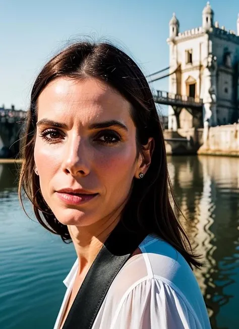 portrait of sks woman in Lisbon, at the Belem Tower, by Flora Borsi, style by Flora Borsi, bold, bright colours, ((Flora Borsi)), by David LaChapelle, <lora:lora-small-sandra-bullock-v1:1>