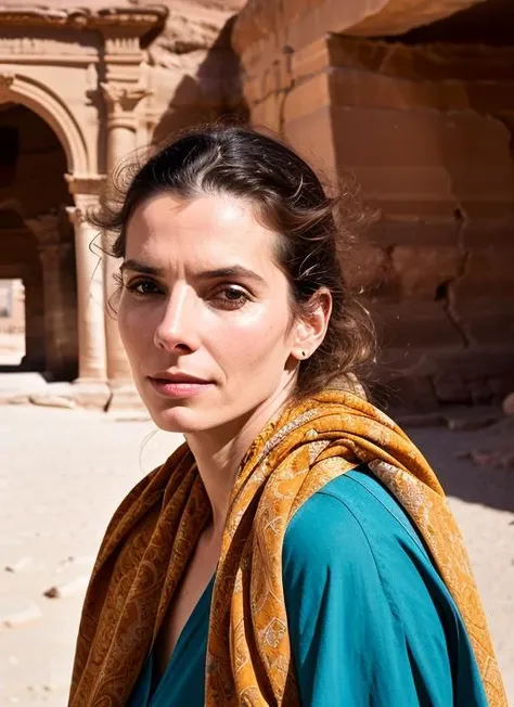 portrait of sks woman in jordan, at the petra, by Flora Borsi, style by Flora Borsi, bold, bright colours, ((Flora Borsi)), by Michael Kenna, <lora:lora-small-sandra-bullock-v1:1>