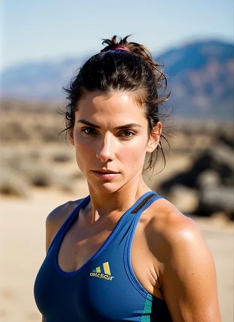 A stunning intricate color close up portrait of (sks woman:1) , wearing sportwear, epic character composition, sharp focus, natural lighting, subsurface scattering, f2, 35mm, film grain, , by Ansel Adams, <lora:lora-small-sandra-bullock-v1:1>