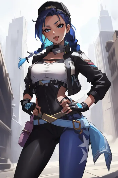 (masterpiece, best quality), intricate details,
1girl, <lora:Sombrakpop:0.6> sombrakpop, black gloves, mesh bodysuit, black jacket, black leggings, fingerless gloves, blue hair, pony tail,two-tone hair, braid, black cap
<lora:ddw_v1:0.8> wink, tongue out,