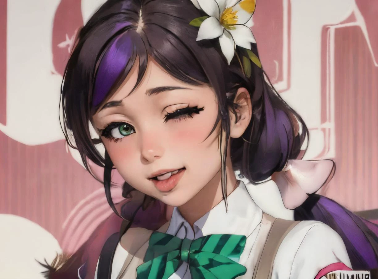 white bow, twintails, looking at viewer, hair flower, female focus, blush, solo, white shirt, white skirt, one eye closed, breasts, small breasts, hair ornament, shirt, bow, toujou nozomi, pink bow, purple flower, green eyes, long hair, smile, purple hair, 1girl, flower, white belt, belt, sailor collar, parted lips, skirt <lora:nozomi-lovelive-01:1> nozomi toujou <lora:ddw_v1:1> wink