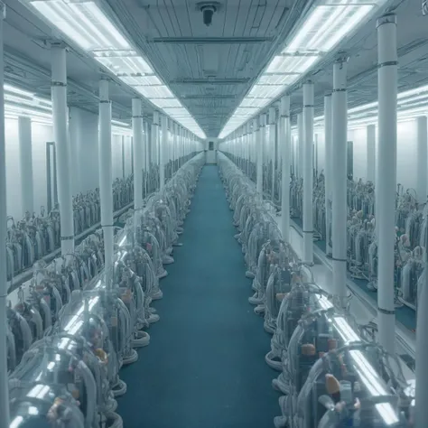 room with rows of clone-tube with humans with long hair inside <lora:clone-tube-v1-000007:1>