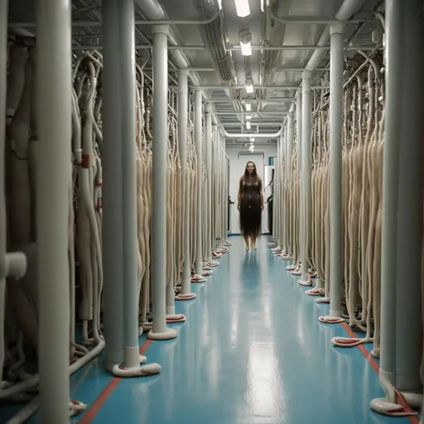 room with rows of clone-tube with humans with long hair inside <lora:clone-tube-v1-000007:1> hair on the floor