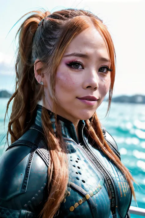 RAW, real photo portrait, kairiSa1, on a boat, (wearing a aquaman outfit), pretty face, insanely detailed eyes, light blonde hair, high ponytail, bokeh, natural light, depth of field, golden hour, sharp focus