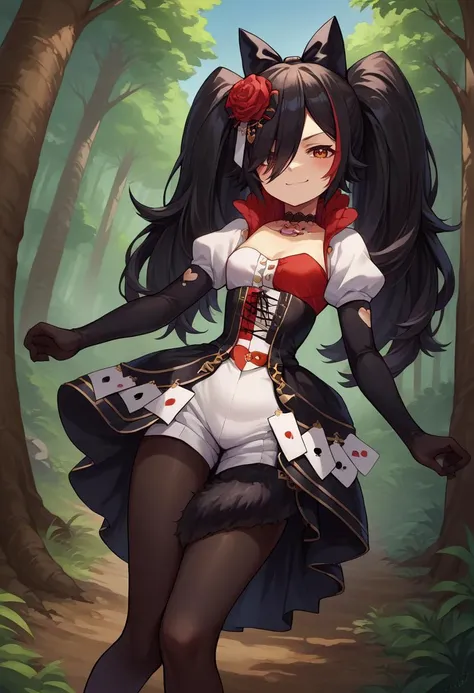 score_9, score_8_up, source_anime, 1girl, solo, mio_wonderland, hair over one eye, twintails, white dress, playing card, black skirt, elbow gloves, corset, short puffy sleeves, black pantyhose, hair flower, hair bow, tail wrap, tail around leg, outdoors, magical forest, smirk, <lora:mioXL:1.0>