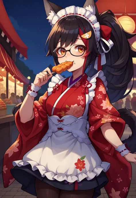 score_9, score_8_up, source_anime, 1girl, solo, mio_newyears, ponytail, hair ornament, red kimono, flower print, white apron, frills, glasses, wrist cuffs, maid headdress, black pantyhose, tail wrap, tail around leg, food stall, eating food, happy, outdoors, night, festival, <lora:mioXL:1.0>