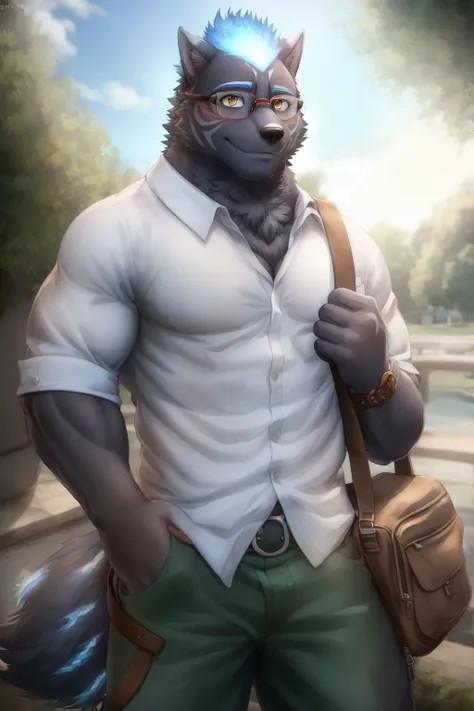 <lora:furlong-09:1>, furlong, muscular male, bara, orange eyes, wolf tail, black fur, (pose:1.3), (posing:1.3), (soft shading), 4k, hi res, five fingers, detailed hands, ((detailed face, (detailed eyes:1.0), detailed)), (full body), by zackarry911, by zaush, (by personalami:0.5), solo, looking at viewer, blush, smile, shirt, 1boy, holding, white shirt, male focus, cowboy shot, glasses, pants, bag, cup, fire, casual, scar on face, disposable cup, green pants, blue fire hair