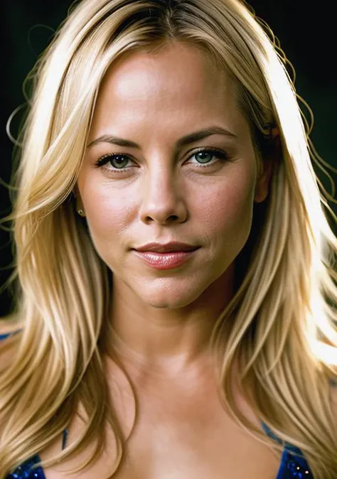 mariabello, a close up Portrait photo of a woman with long blonde hair style, Detailed face, (perfect blue eyes), (highly detailed skin:1.1), perfect body, wearing a evening dress designed by Versace, Modelshoot style, Professional Photography, soft lighting, PHOTOREALISTIC, Realistic, standing in a dark studio background, blurred background, volumetric fog, RAW, analog style, sharp focus, 8k, HD, DSLR, high quality, Fujifilm XT3, film grain, award winning, masterpiece