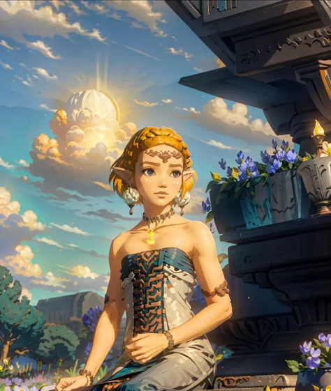 masterpiece, best quality, 1girl, flowers, flat color, lineart, abstract, ornate, 1girl, short hair, blonde hair, jewelry, earrings, pointy ears, bare shoulders, strapless, bracelet, dress, strapless dress, circlet, collarbone <lora:Zelda_TotK:1>BREAK
sitting on a bench at the edge of a sea of clouds, beautiful sunset sky, sunlit clouds, sitting on the edge