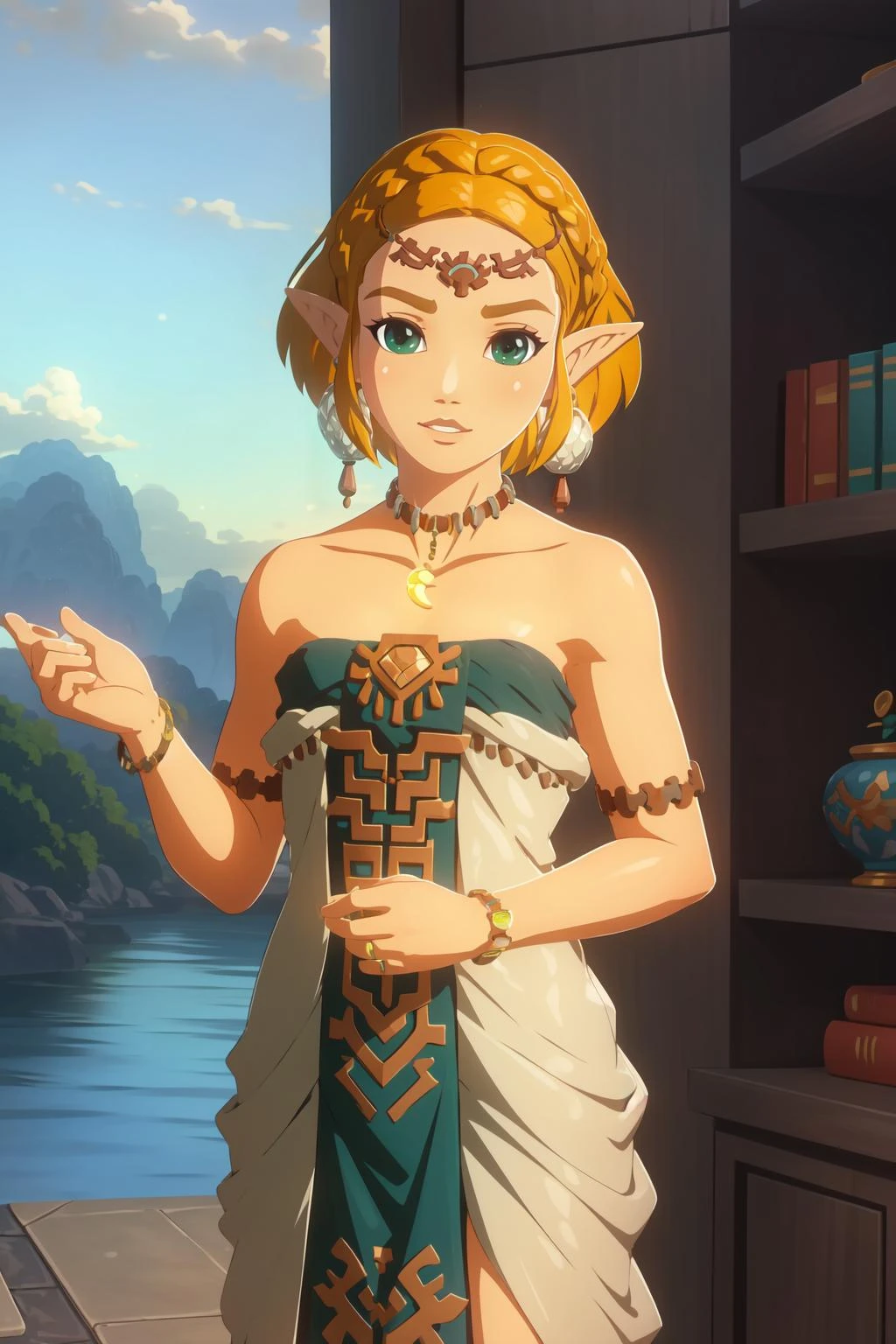 (masterpiece, best quality), intricate details,
1girl, <lora:Zelda_TotK-09:0.8> 1girl,short hair,blonde hair,jewelry,earrings,pointy ears,bare shoulders,green eyes,strapless,bracelet,dress,strapless dress,circlet,collarbone,