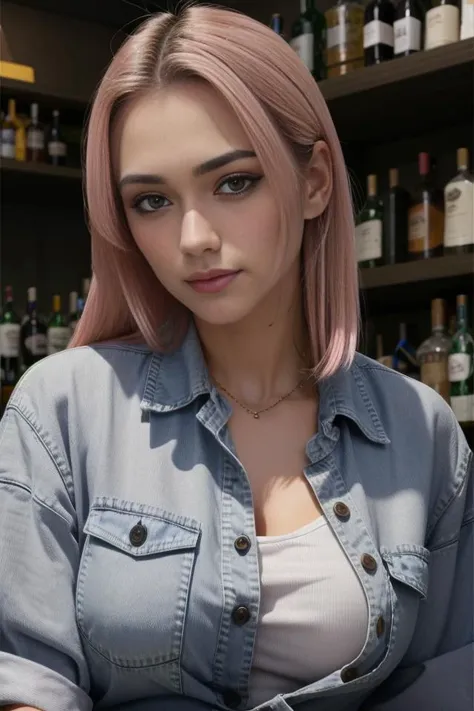 1girl, beautiful, (facing the viewer), standing ((behind)) a bar, at a ((bar)), ultra skin texture, BREAK
((bartender)), ((leaning forward)), ((restaurant)), looking at the camera, eye contact BREAK
(wearing a (pink) button up shirt and jeans (shorts)), BREAK
((buttons popped, shirt pulling at the buttons, buttons breaking, shirt ripping)), shirt unbuttoned, ((((tight shirt)))) BREAK
 makeup, long straight hair, pale skin, fair skin, white skin, BREAK
<lora:Shubble:1>