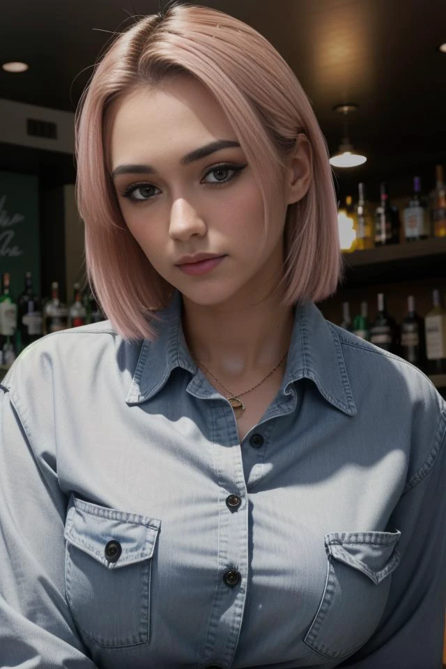 1girl, beautiful, (facing the viewer), standing ((behind)) a bar, at a ((bar)), ultra skin texture, BREAK
((bartender)), ((leaning forward)), ((restaurant)), looking at the camera, eye contact BREAK
(wearing a (pink) button up shirt and jeans (shorts)), BREAK
((buttons popped, shirt pulling at the buttons, buttons breaking, shirt ripping)), shirt unbuttoned, ((((tight shirt)))) BREAK
makeup, long straight hair, pale skin, fair skin, white skin, BREAK
<lora:Shubble:1>