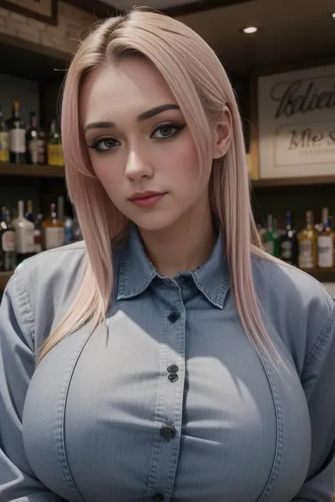 1girl, beautiful, (facing the viewer), standing ((behind)) a bar, at a ((bar)), ultra skin texture, BREAK
((bartender)), ((leaning forward)), ((restaurant)), looking at the camera, eye contact BREAK
(wearing a (pink) button up shirt and jeans (shorts)), BREAK
((buttons popped, shirt pulling at the buttons, buttons breaking, shirt ripping)), shirt unbuttoned, ((((tight shirt)))) BREAK
 makeup, long straight hair, pale skin, fair skin, white skin, BREAK
<lora:Shubble:1>