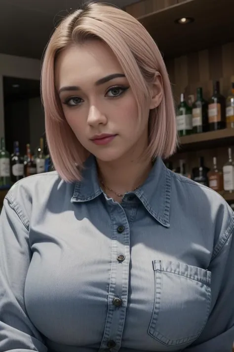 1girl, beautiful, (facing the viewer), standing ((behind)) a bar, at a ((bar)), ultra skin texture, BREAK
((bartender)), ((leaning forward)), ((restaurant)), looking at the camera, eye contact BREAK
(wearing a (pink) button up shirt and jeans (shorts)), BREAK
((buttons popped, shirt pulling at the buttons, buttons breaking, shirt ripping)), shirt unbuttoned, ((((tight shirt)))) BREAK
makeup, long straight hair, pale skin, fair skin, white skin, BREAK
<lora:Shubble:1>