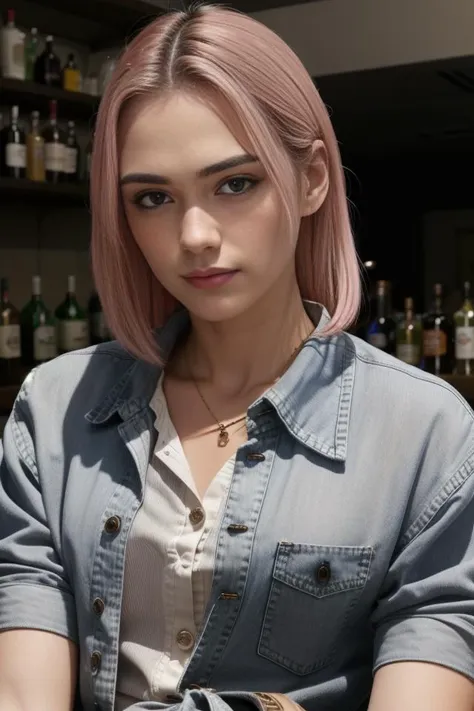 1girl, beautiful, (facing the viewer), standing ((behind)) a bar, at a ((bar)), ultra skin texture, BREAK
((bartender)), ((leaning forward)), ((restaurant)), looking at the camera, eye contact BREAK
(wearing a (pink) button up shirt and jeans (shorts)), BREAK
((buttons popped, shirt pulling at the buttons, buttons breaking, shirt ripping)), shirt unbuttoned, ((((tight shirt)))) BREAK
 makeup, long straight hair, pale skin, fair skin, white skin, BREAK
<lora:Shubble:1>