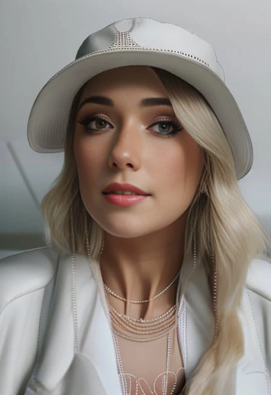 Shubble wearing a white bra, blonde hair, brown eyes, long hair, hyper realistic, 4k, masterpiece, beautiful, facing the viewer, headshot, white skin, cleavage