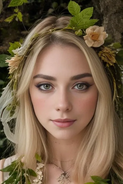 (headshot), Masterpiece, best quality, ((medieval)), (inside a flowering forest), moonlight,  BREAK
((clothes made out of leaves)), flower crown, ((druid)), (fantasy), vines, flowers, ((wearing only leaves, vines, and flowers)), BREAK
colorful leaves and flowers growing from hair, dungeons and dragons, BREAK
((blonde hair)),  pale  skin, fair skin, white skin, large breasts, BREAK
<lora:SG:1>