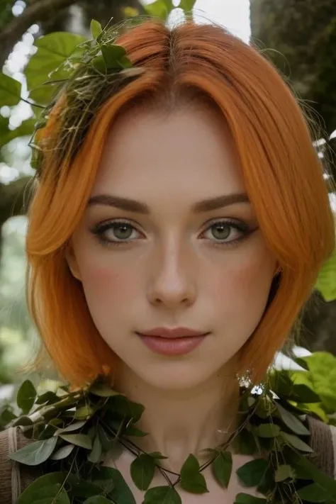 (headshot), Masterpiece, best quality, ((medieval)), (inside a flowering forest), moonlight, BREAK
((clothes made out of leaves)), flower crown, ((druid)), (fantasy), vines, flowers, ((wearing only leaves, vines, and flowers)), BREAK
colorful leaves and flowers growing from hair, dungeons and dragons, BREAK
((bright orange hair)), pale skin, fair skin, white skin, large breasts, BREAK
<lora:SG:1>