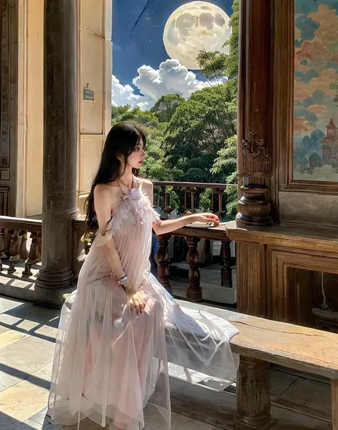 (1girl),dress,jewelry,masterpiece,ultra realistic,32k,extremely detailed CG unity 8k wallpaper,best quality, fairy dress,  black hair, night, moon, cloud, castle
 <lora:Fairy Dress-000008:0.7>