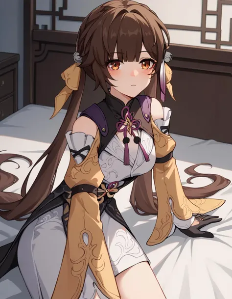 score_9, score_8_up, score_7_up, source_anime,
sushang, <lora:honkai-sushang-ponyxl-lora-nochekaiser:1>,
sushang, long hair, bangs, brown hair, brown eyes, twintails, hair ornament,
gloves, long sleeves, dress, black gloves, chinese clothes, china dress, white dress,
indoors, bed, bed room, on side, blush, drunk,
solo, dutch angle, looking at viewer, cowboy shot,