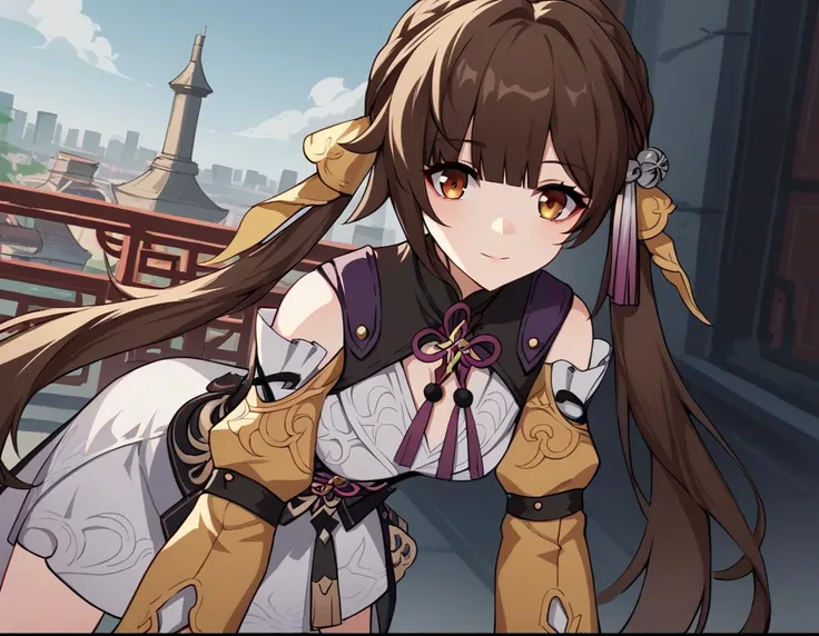 score_9, score_8_up, score_7_up, source_anime,
sushang, <lora:honkai-sushang-ponyxl-lora-nochekaiser:1>,
sushang, long hair, bangs, brown hair, brown eyes, twintails, hair ornament,
gloves, long sleeves, dress, black gloves, chinese clothes, china dress, white dress,
outdoors, cityscape, bent over, smile,
solo, dutch angle, looking at viewer, cowboy shot,