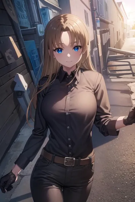 aimaimomoi, <lora:ai mai momoi s1-lora-nochekaiser:1>,
ai mai momoi, long hair, blue eyes, brown hair, (parted bangs:1.5), smile,
BREAK shirt, black shirt, collared shirt, long sleeves, gloves, black gloves, belt, pants, black pants,
BREAK outdoors,
BREAK looking at viewer, (cowboy shot:1.5)
BREAK <lyco:GoodHands-beta2:1>, (masterpiece:1.2), best quality, high resolution, unity 8k wallpaper, (illustration:0.8), (beautiful detailed eyes:1.6), extremely detailed face, perfect lighting, extremely detailed CG, (perfect hands, perfect anatomy),