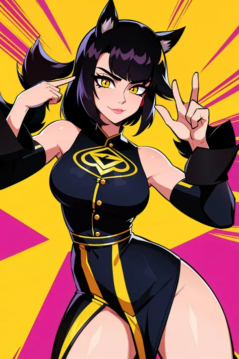 Vector Art, Magnificent Indonesian Betty Gilpin of Progress, ðª, giving you the finger, her hair is Black and Mustard Yellow, Shock Art, <lora:ML2-06:0.6>