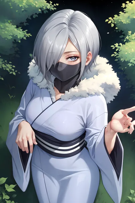 YanagiHS1, solo, 1girl, short hair, grey hair, (hair over one eye:1.2), mask, (mouth mask:1.2), looking at viewer, fur trim, breasts, grey eyes, navel, cowboy shot, kimono, japenese clothes, long sleeves, sash, obi, black mask, wide sleeves, bangs, one eye covered, grey kimono, shiny skin, outdoors, night, stars, trees, bushes, lights, streetlights, clouds, (narrowed eyes:1.3), (squinted eyes
:1.3), (eyebags,:1.3), ((from above:1.1)),
<lora:YanagiHS1:0.8>