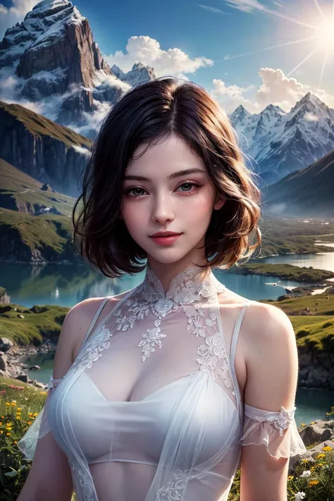 <lora:AudreyHepburn:1>,(masterpiece, best quality:1.4), (beautiful, aesthetic, perfect, delicate, intricate:1.2),(absurdres, highres, ultra detailed),best quality, masterpiece,Dark hair, dark eyes, upper body, sun flare, outdoors, mountain, valley, sky. clouds, smiling,, <lora:more_details:0.5>, <lyco:GoodHands-beta2:0.8>,