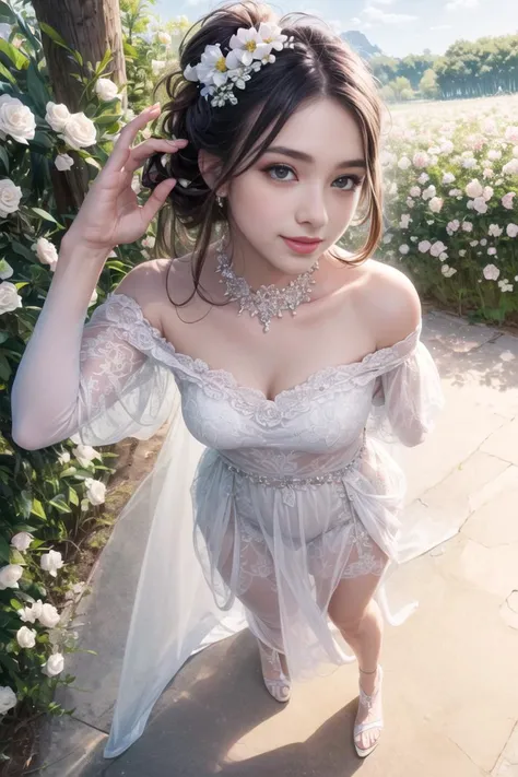 (masterpiece),(best quality),(ultra-detailed), (full body:1.2), (beautiful detailed face), (beautiful detailed eyes), 1girl, white dress, off shoulder, blossom flower field, glowing skin, light smile,<lora:add_detail:0.6>,
