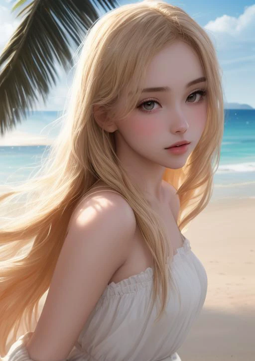 very close-up ,(best beautiful:1.2), (masterpiece:1.2), (best quality:1.2),masterpiece, best quality, The image features a beautiful young woman with long light golden hair, beach near the ocean, white dress ,The beach is lined with palm trees,