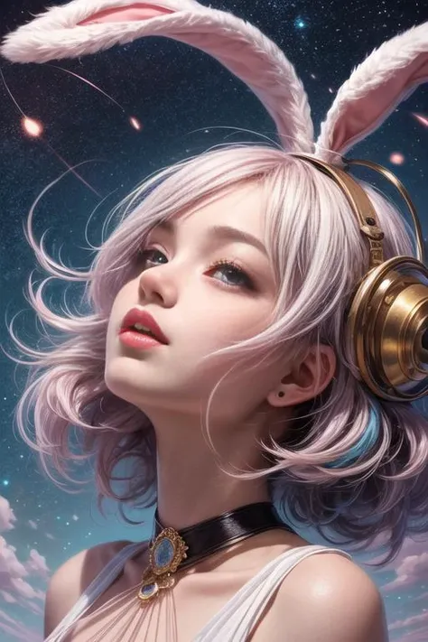 masterpiece, best quality, 1girl, 18 years old,adolescent ,bob , bob blue and pink hair,purple eyes, sky and stars background,center focus,Rabbit hair clip, look up,thin lips,<lora:add_detail:0.6>,<lora:add_detail:0.7>, <lyco:GPTS4 dreamwave full_478773:0.5>