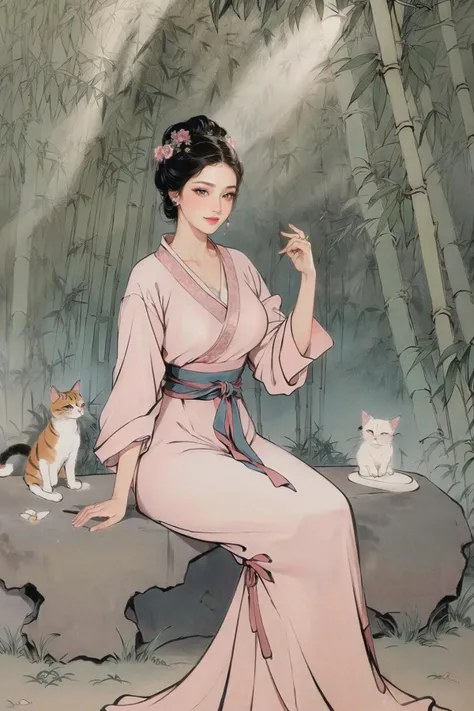 realistic, photorealistic, best quality, masterpiece, ultra high res, finely detailed, quality, realistic lighting, detailed skin, intricate details, raw photo, absurdres, highres, ultra detailed, BREAK, 1girl, solo, looking at viewer, 18 years old, hand of Guido Daniele, (jewelry, black hair, full body, hanfu, white background, sitting on stone, flower, bamboo, (cat:1.3), Exquisite floral, hair ornament, tree, butterfly, hair flower, table, vase, high contrast colours, vibrant colors, smug expression, grin, Dynamic Pose, Dynamic Angle, colorful, long eyelashes, complex background, full-face blush, parted lips, solo focus, blush), (beautifu and aesthetic face, detailed face, clean facial features, an extremely delicate and beautiful, beautiful detailed eyes, stars in the eyes, Pink lips, Glowing Eyes, perfect face, detailed pupils, Makeup:1.1), (nice hands, sexy, slim, large breasts, skinny, narrow waist, human anatomy:1.1), (detailed light, beautiful detailed glow, detailed background:1.1), (reflection, refraction, Rembrandt lighting, diffuse lighting, radiosity, photon mapping, subsurface scattering, dynamic lighting, Multi-exposure HDR capture, Screen Space Global Illumination, Ray Tracing, Lumen Reflections, Tone Mapping, volumetric lighting, Circular polarizer, broad lighting, dramatic lighting:1.1), BREAK, explosive light and shadow, sharp focus, film grain, rim lighting, two tone lighting, rim light, Overdetailed art, official art, beautiful and aesthetic, beautiful, elegant, vivid colours, warm tone, soft light, delicate, Ultrarealistic, Detailed illustration, extremely detailed CG Unity 8k wallpaper, PBR Texturing, huge filesize, 8k uhd, octane render, unreal engine 5, BREAK, <lora:GoodHands-beta2:1>, <lora:baimeitu1.0:1>